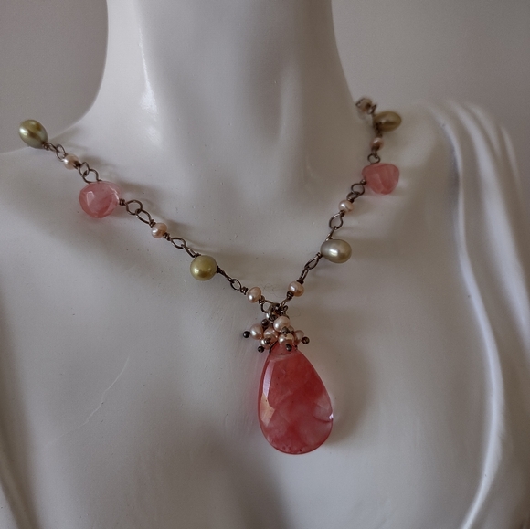 Cherry Quartz Freshwater Pearl Necklace - Picture 3 of 8